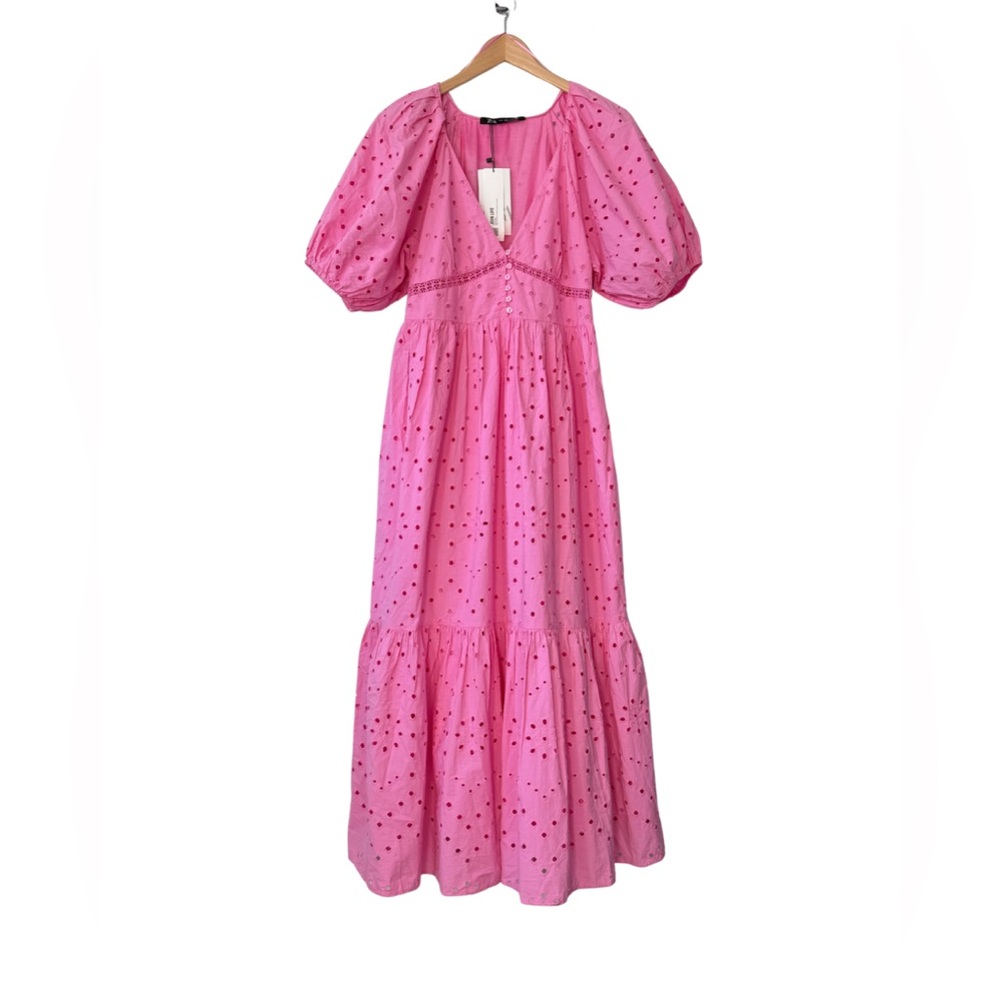NWT | Zara Pink Openwork Embroidered Midi
V-neck Dress | Size M - Picture 4 of 13